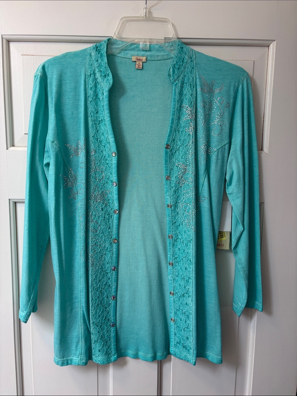 Reba Turquoise Lace-Trim Snap-Front Cardigan